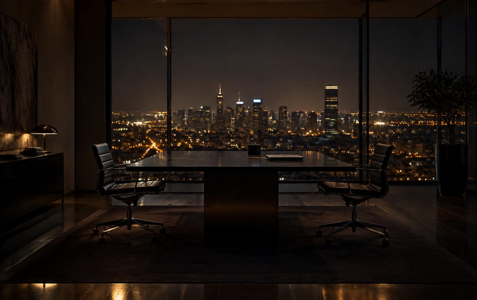 An empty boardroom high above the city at night
