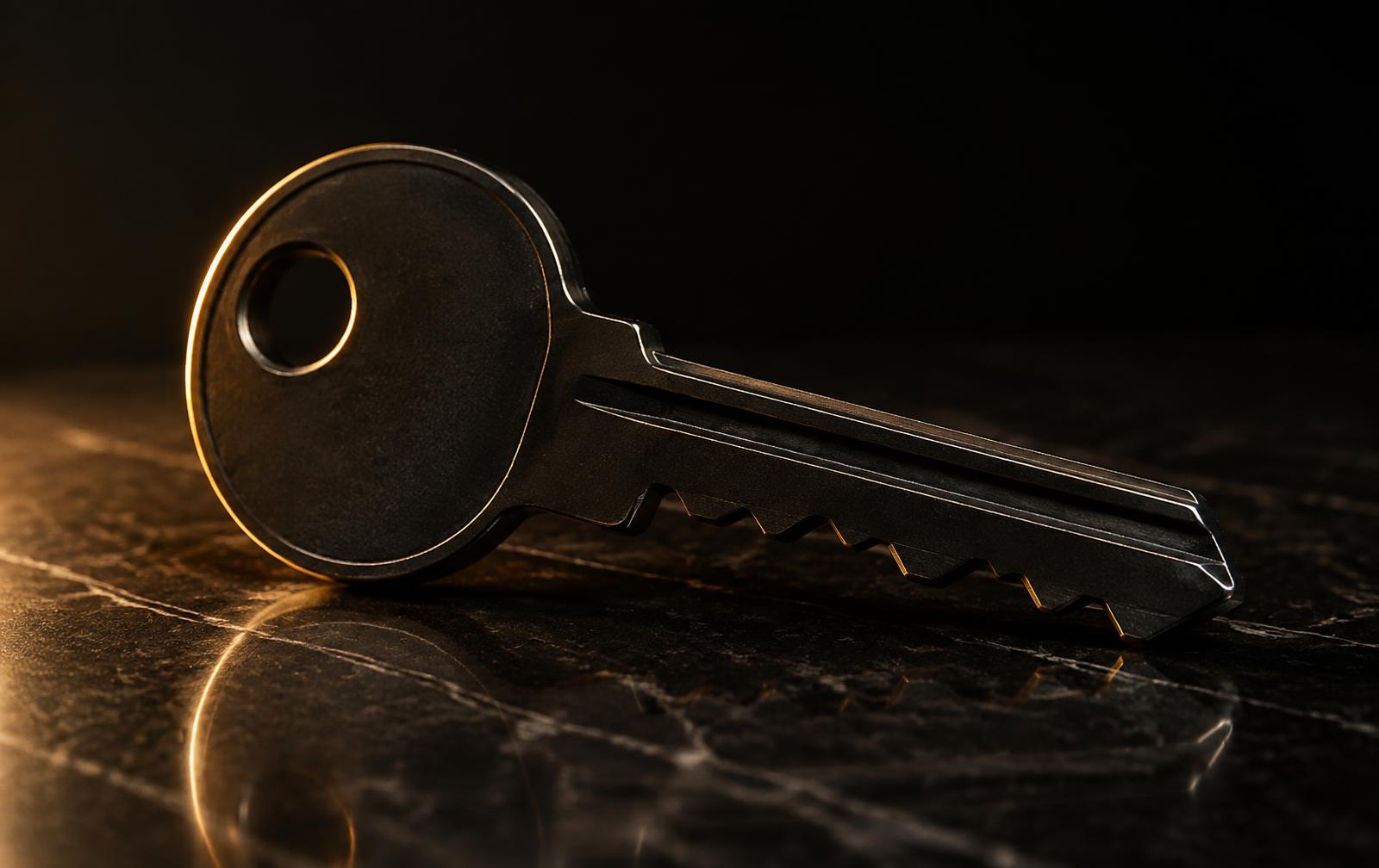 A single black key on dark marble, lit from the side